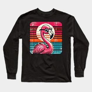 Cool Retro Flamingo in Sunglasses 70s 80s 90s Funny Flamingo Long Sleeve T-Shirt